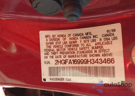 2009 Honda Civic Ex-L z USA, uszkodzony, nr VIN 2HGFA16999H343466